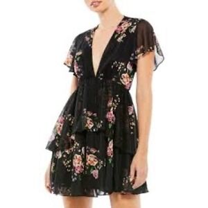 Ieena for Mac Duggal Black Floral Flutter Sleeve Tiered Ruffle Mini Dress Sz 14